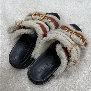 Marni Shearling Slides with Gold and Brown Accents